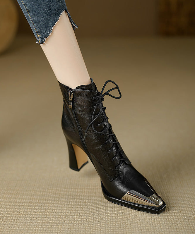 Brown Sheepskin Splicing Chunky Heel Boots Cross Strap