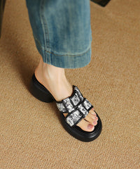 Apricot Cowhide Leather Splicing Chunky Heel Slide Sandals