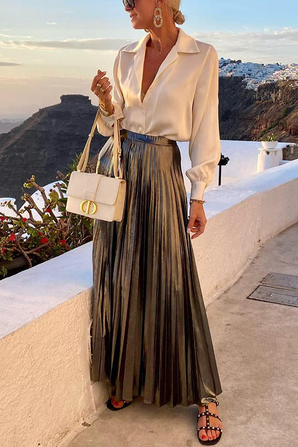 Metallic Pleated Back Elastic Waist Maxi Skirt