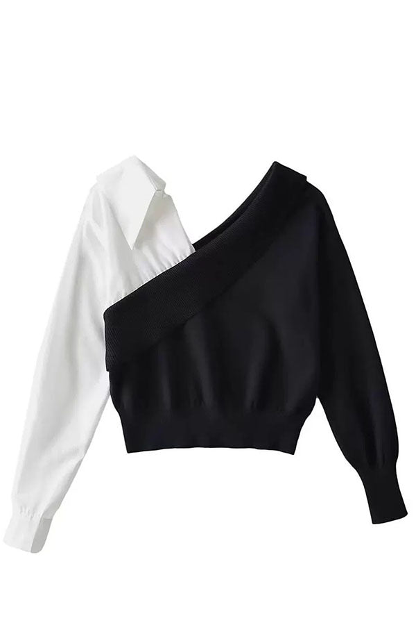 Patchwork Contrasting Long-sleeved V-neck Casual Sweater