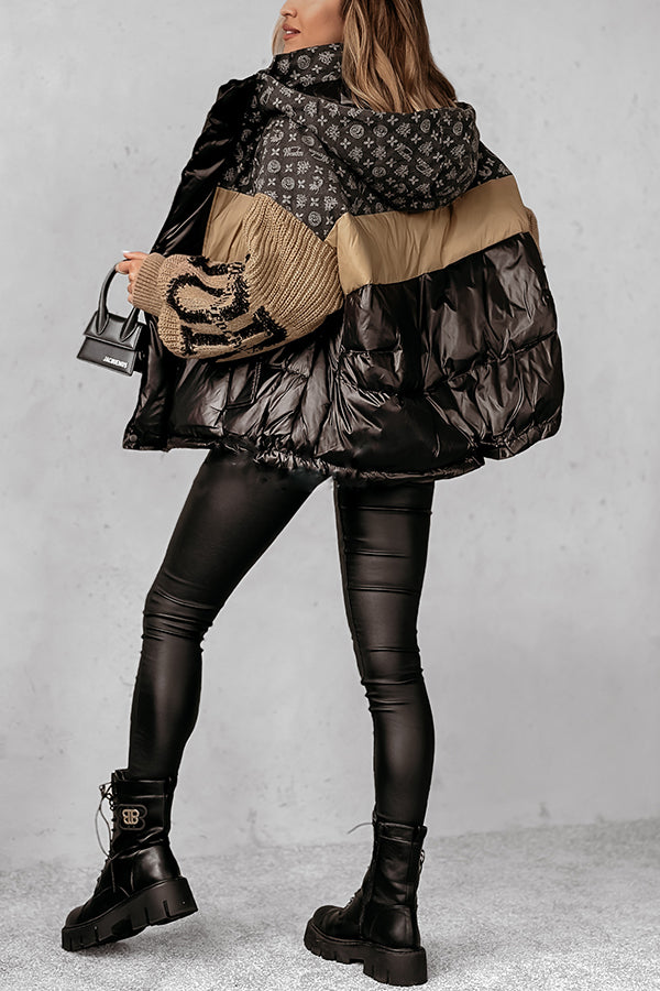 Denim Knit Long-sleeved Patchwork Hooded Pocket Thickened Jacket