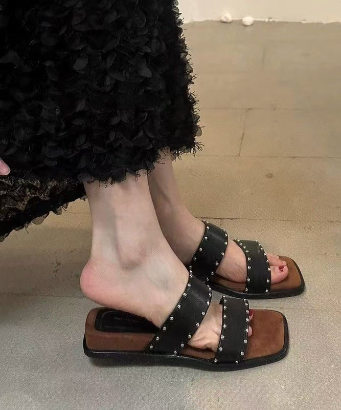 Beige Rivet Splicing Wedge Slide Sandals Peep Toe