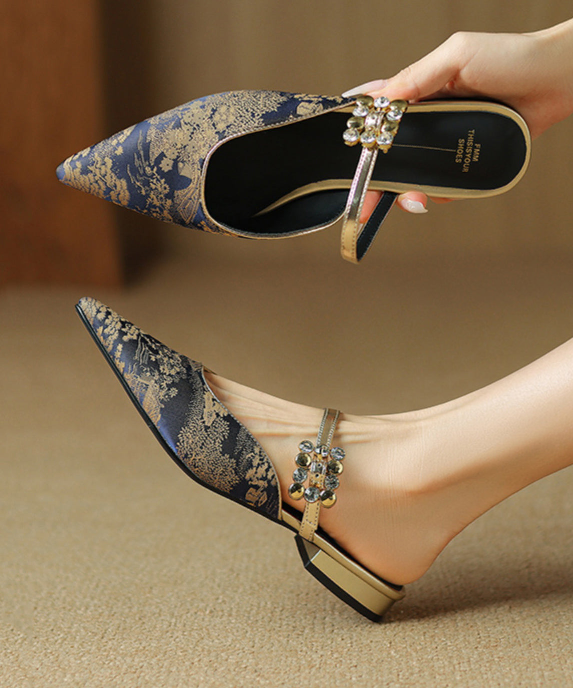 Green Splicing Zircon Slide Sandals Pointed Toe