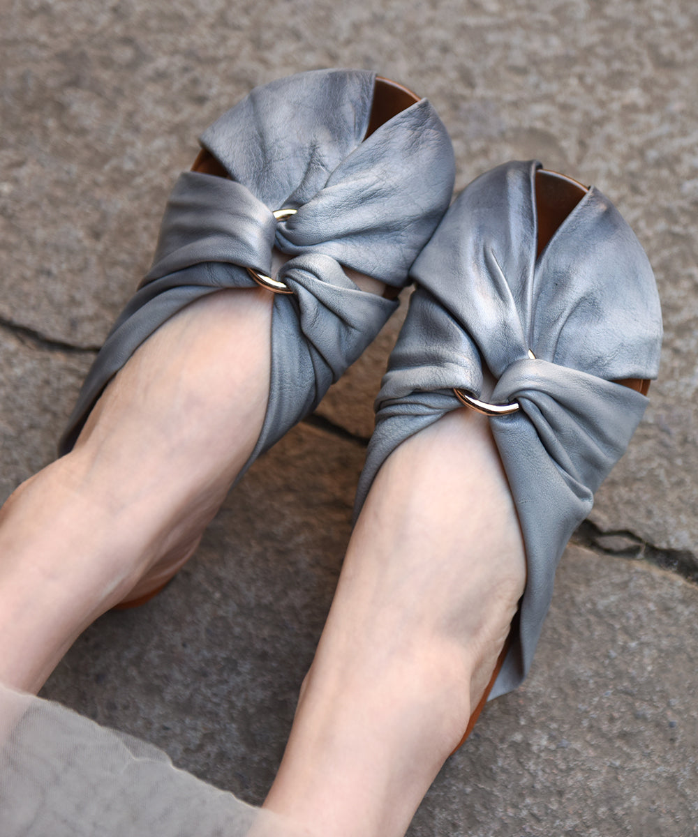 Comfortable Splicing Hollow Out Grey Cowhide Leather Slide Sandals