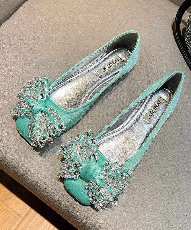 Splicing Flat Shoes For Green Satin Bow Zircon
