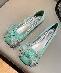Splicing Flat Shoes For Green Satin Bow Zircon