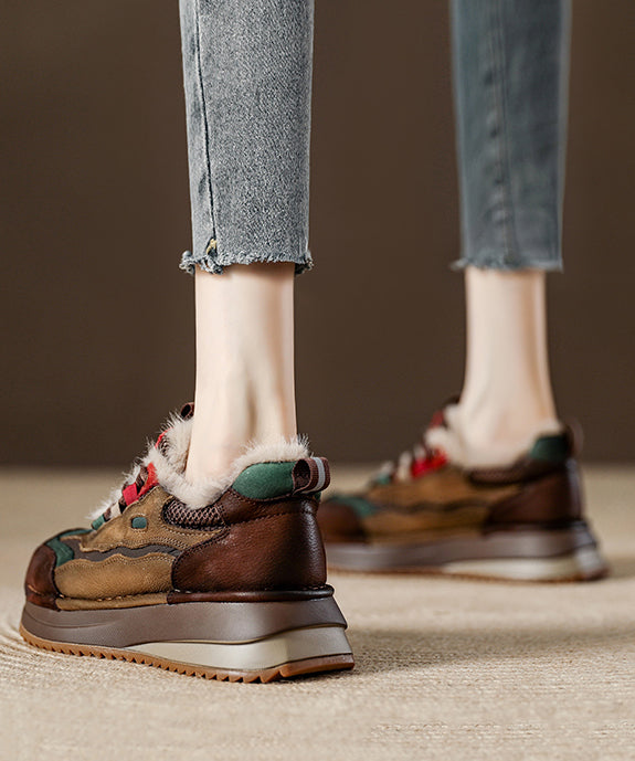 Splicing Platform Flat Feet Shoes Red Faux Leather Fuzzy Wool Lined