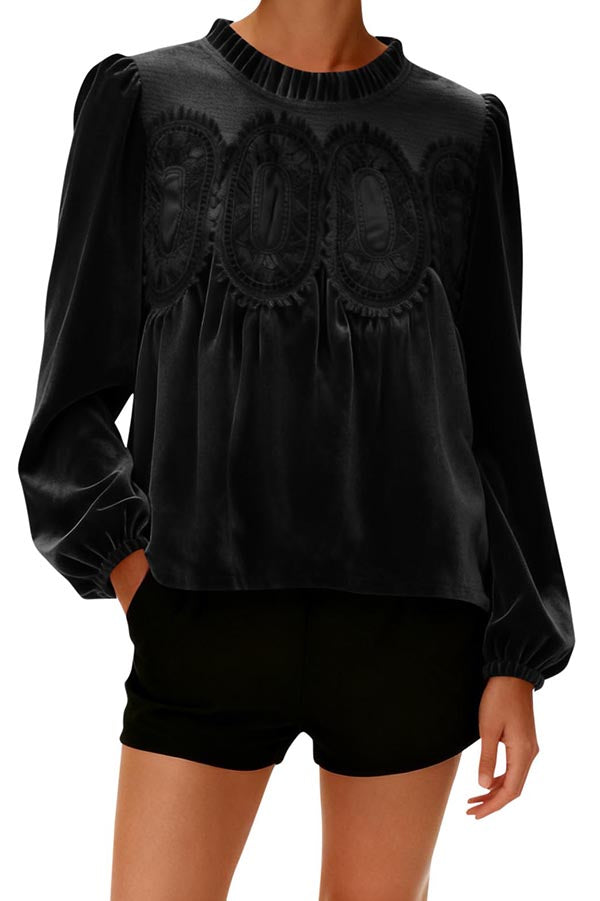 Velvet and Lace Patchwork Loose Long-sleeved Top