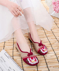 Apricot Genuine Leather Embroider Flower Splicing Flat Feet Shoes