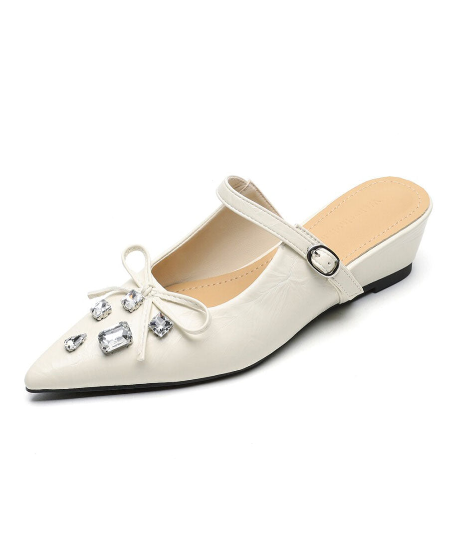 Apricot Faux Leather Splicing Slide Sandals Pointed Toe Zircon