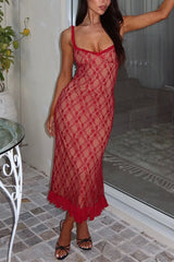 Plaid Camisole Lace Slim-fit Elegant Midi Dress