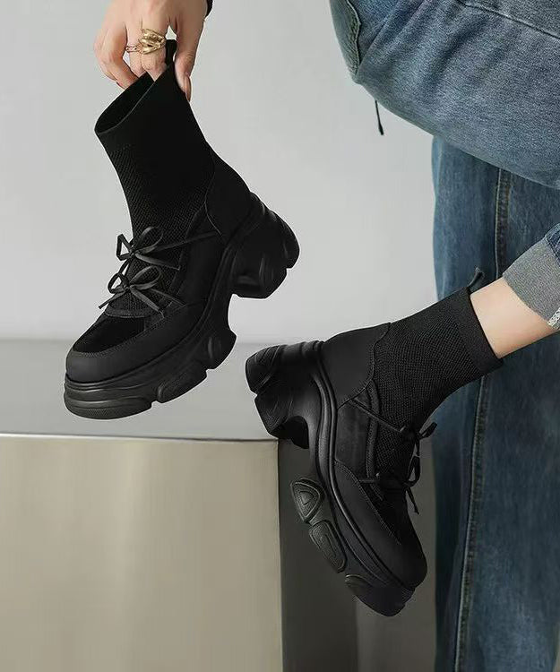 Brown Breathable Mesh Splicing Cowhide Leather Platform Boots