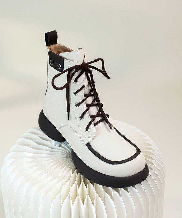 Black Cowhide Leather Splicing Boutique Lace Up Boots