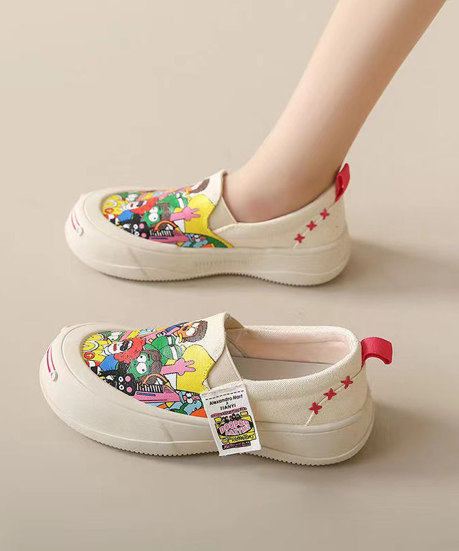 Beige Graffiti Casual Platform Canvas Flat Shoes For