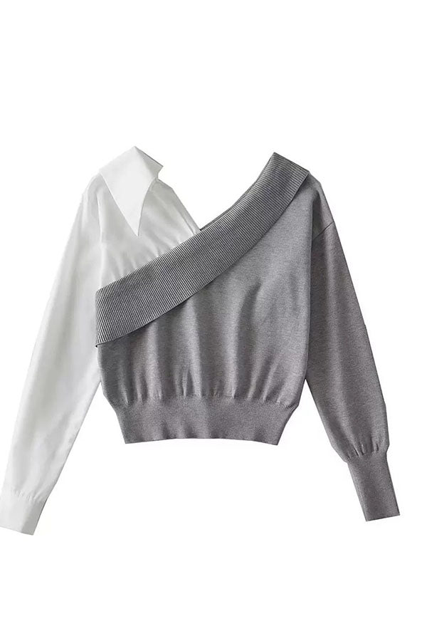 Patchwork Contrasting Long-sleeved V-neck Casual Sweater
