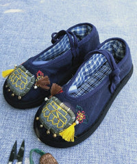 Handmade Navy Tassel Splicing Cotton Fabric Flat Feet Shoes