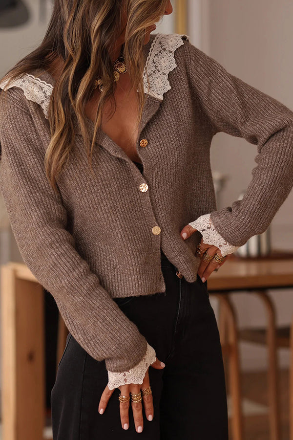 Lace-trimmed Sailor Collar Casual Knit Cardigan