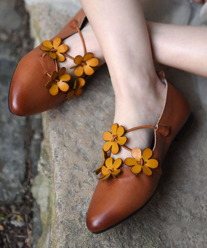 Brown Flat Shoes For Cowhide Leather Splicing Floral Pointed Toe