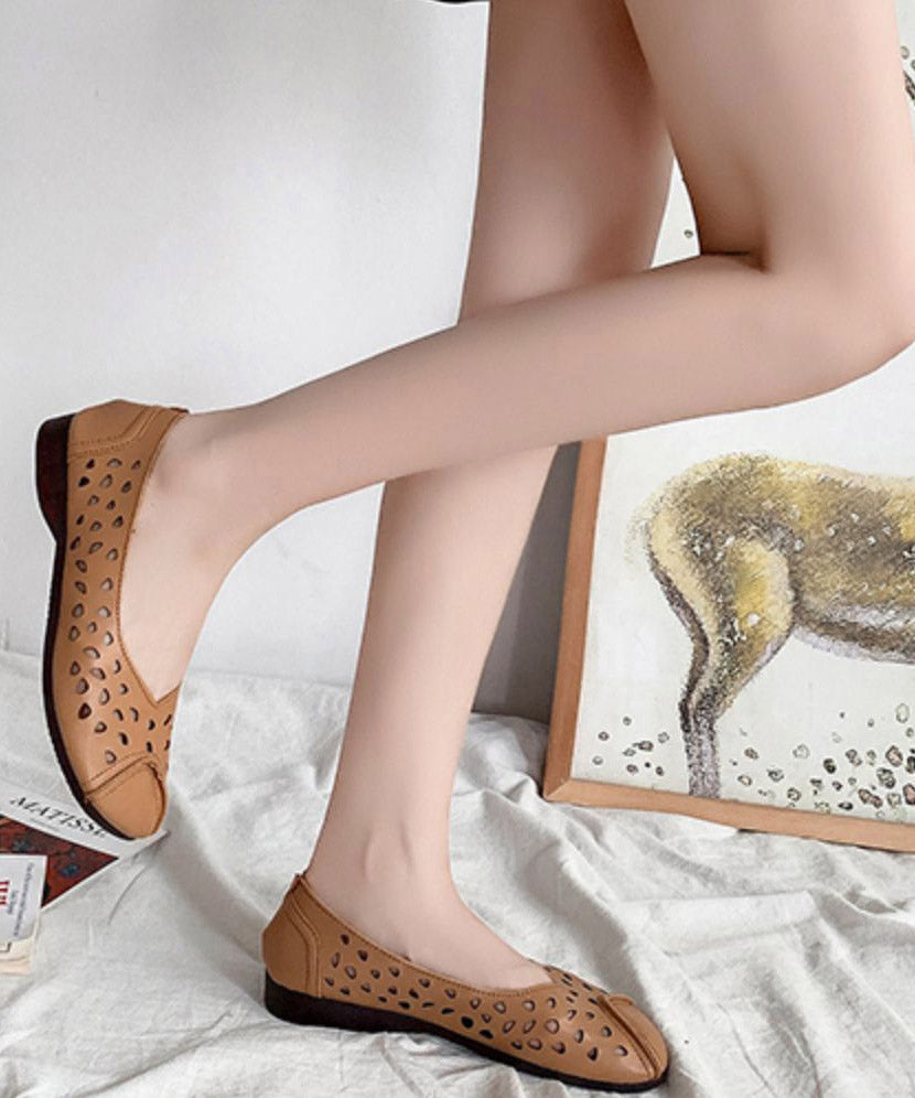 Brown Cowhide Flat Feet Shoes Hollow Out Flat Shoes