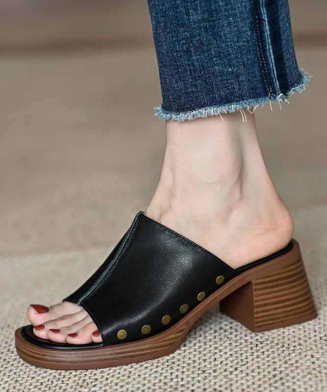 French Brown Splicing Chunky Heel Rivet Slide Sandals Peep Toe