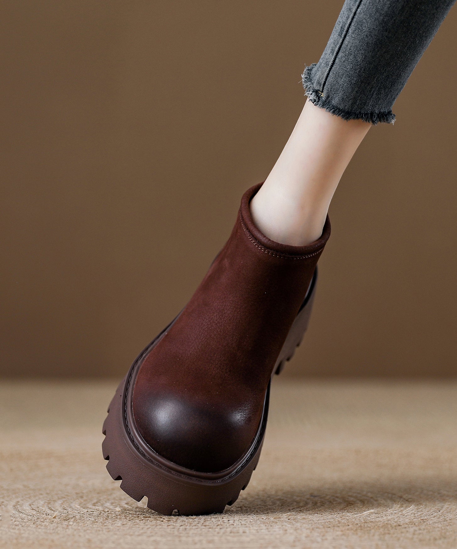 Coffee Zippered Splicing Platform Ankle Boots