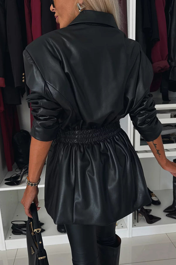 Items Faux Leather Button Up Elastic Waistband Lapel Blazer