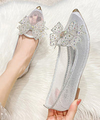 Gold Breathable Bow Zircon Tulle Pointed Flat Shoes