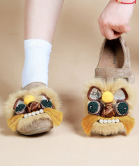 Handmade Light Brown Flat Shoes Suede Embroidered