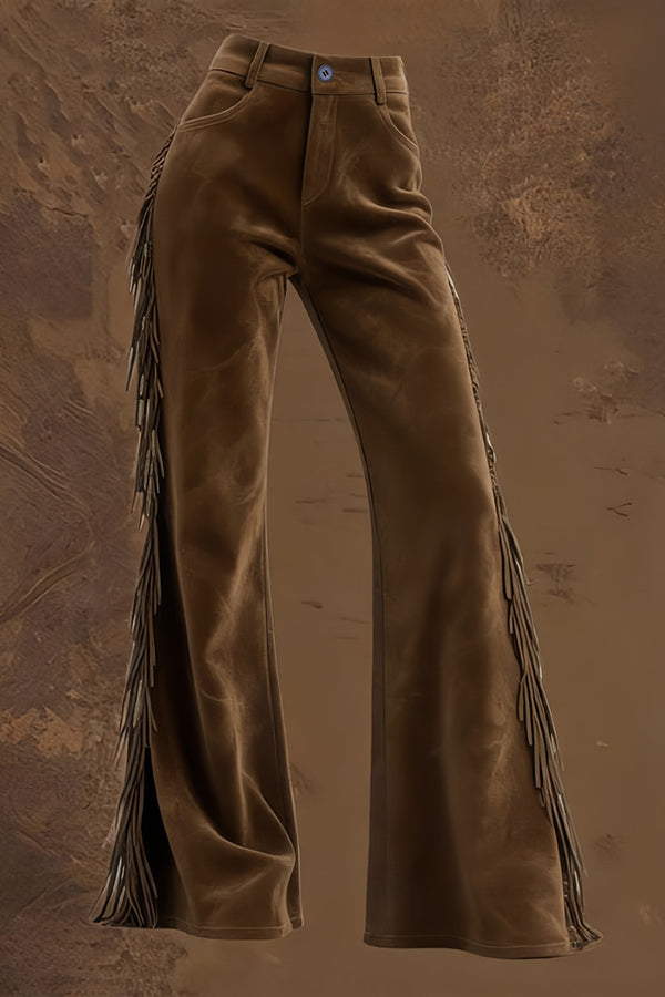 Suede High-waisted Fringed Casual Flared Pants