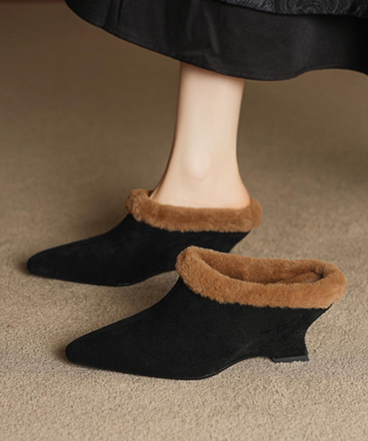 Splicing Wedge Slippers Shoes Black Suede Fuzzy Wool Lined