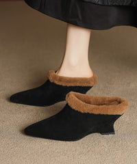 Splicing Wedge Slippers Shoes Black Suede Fuzzy Wool Lined