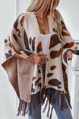 Leopard Print Contrast Tassel Hem Loose Knitted Shawl