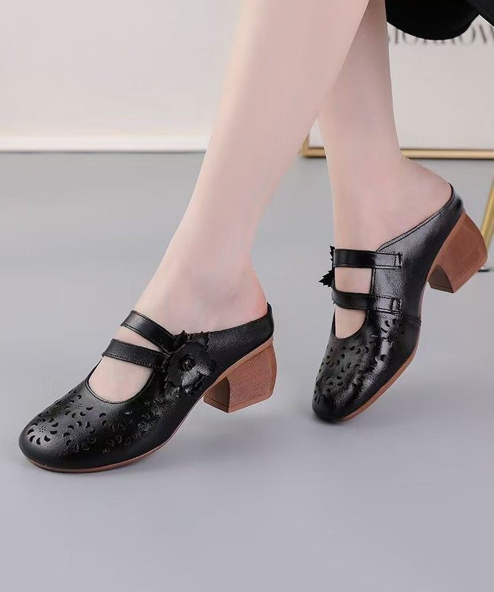 Boho Cowhide Leather Splicing Brown Slide Sandals Hollow Out