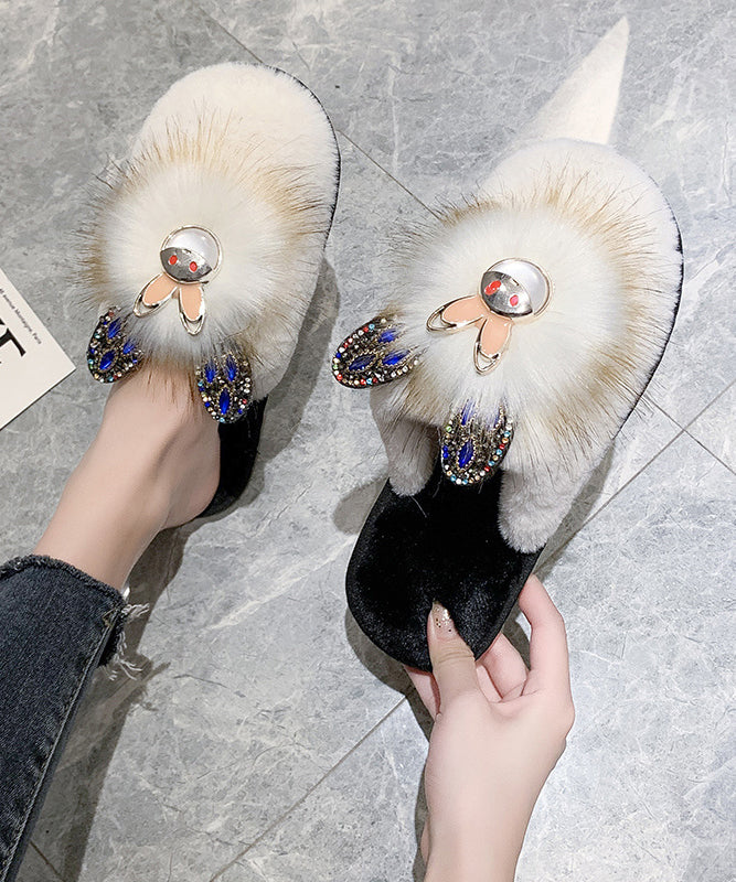 Splicing Slippers Shoes Khaki Fuzzy Fur Zircon