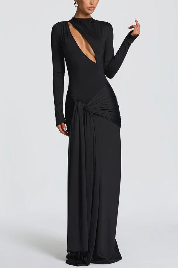 Cutout Fitted Long-sleeved Pleated Satin Ribbon Maxi Dresses
