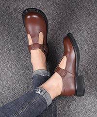 Black Cowhide Leather Simple Splicing Buckle Strap Flats