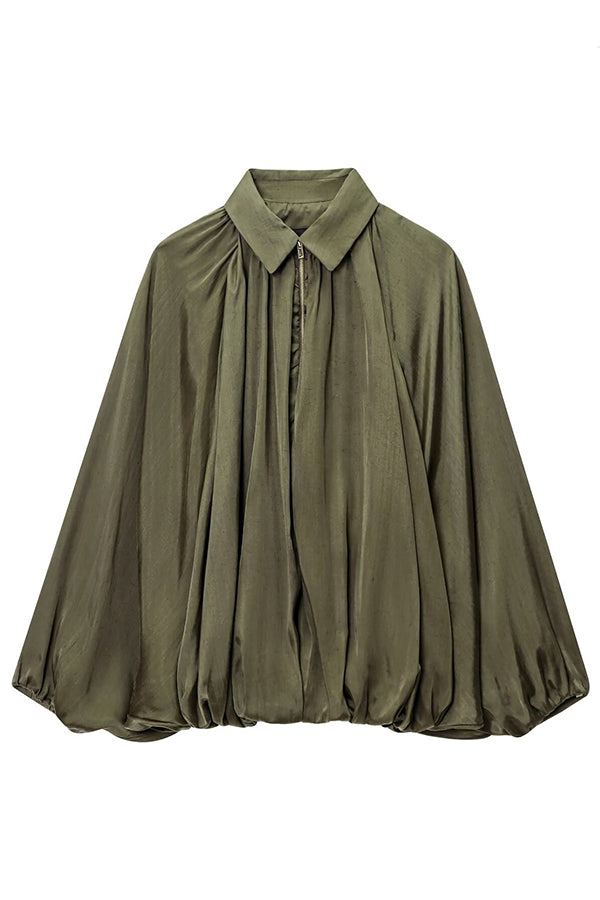 Lapel Loose Puff Long Sleeve Casual Zipper Jacket