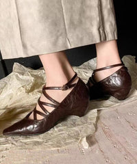 Wedge Heel Shoes Cross Strap Buckle Chocolate Hollow Out