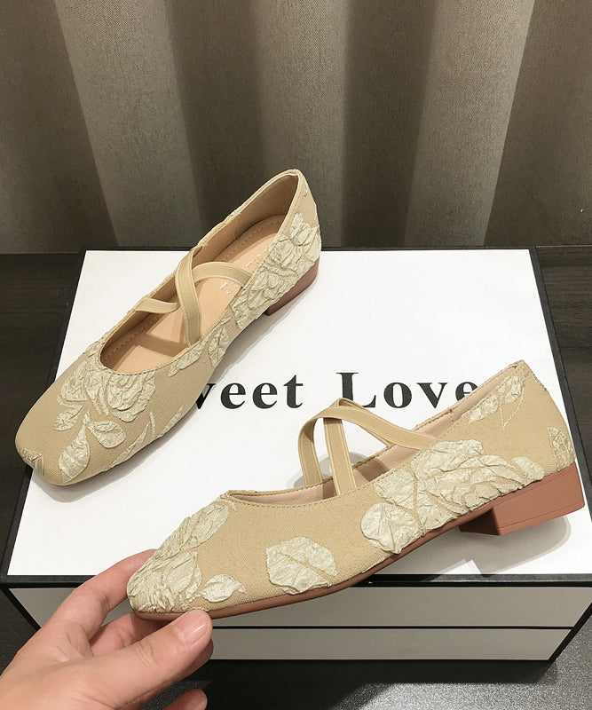 Apricot Embroidered Cross Strap Splicing Flat Shoes For Women