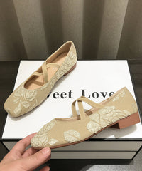 Apricot Embroidered Cross Strap Splicing Flat Shoes For Women