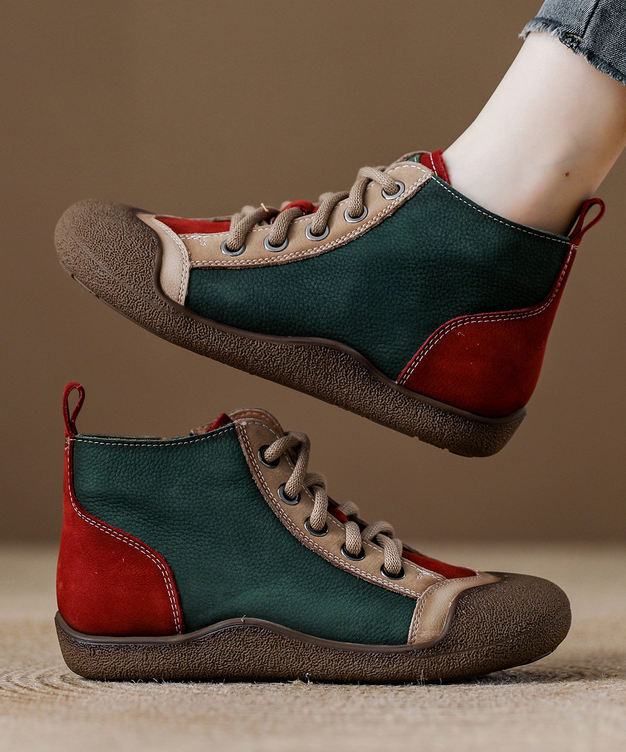 Boho Red Cowhide Leather Splicing Lace Up Boots