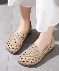 Casual Hollow Out Flat Feet Shoes Khaki Cowhide Leather Embossed Flats Shoes