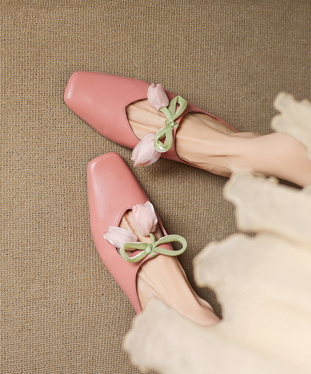 French Pink Cowhide Leather Splicing Floral Slide Sandals