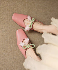 French Pink Cowhide Leather Splicing Floral Slide Sandals