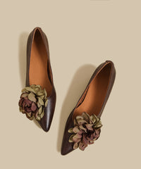 Brown Flower Cowhide Leather Chunky Heel Shoes