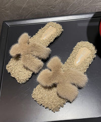 White Fuzzy Fur Stylish Splicing Slide Sandals Peep Toe