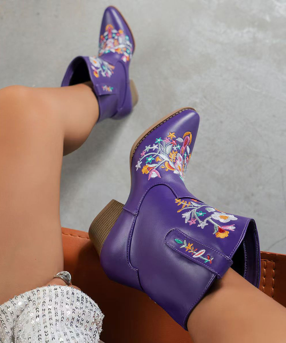 Purple Embossed Solid Faux Leather Chunky Boots