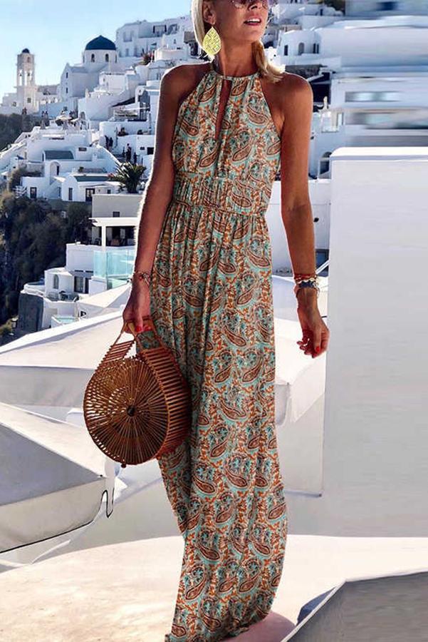 elegant vacation style printed large hanging neck design with a sense of long skirt