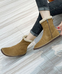 Chocolate Fuzzy Wool Lined Boots Cowhide Leather Zippered Boots