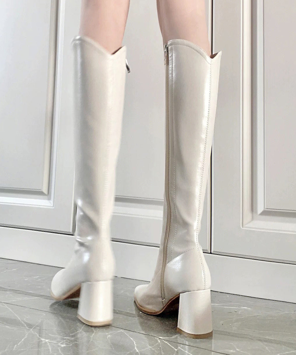 Beige Splicing Chunky Heel Boots Pointed Toe